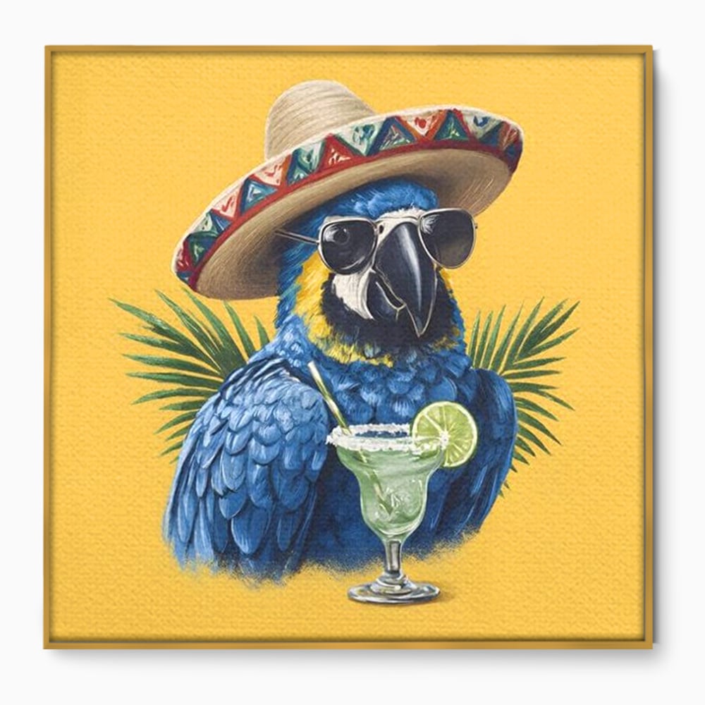 Tablou canvas cu tablou canvas cu papagal cu sombrero si cocktail, in rama de aluminiu auriu