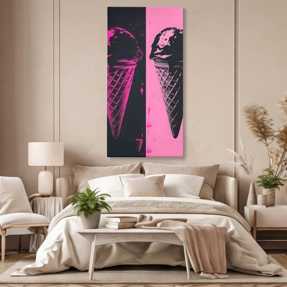 Tablou canvas cu tablou canvas cu doua inghetate pe bat impartit vertical, fara rama, pe sasiu de lemn, pe perete intr-un dormitor