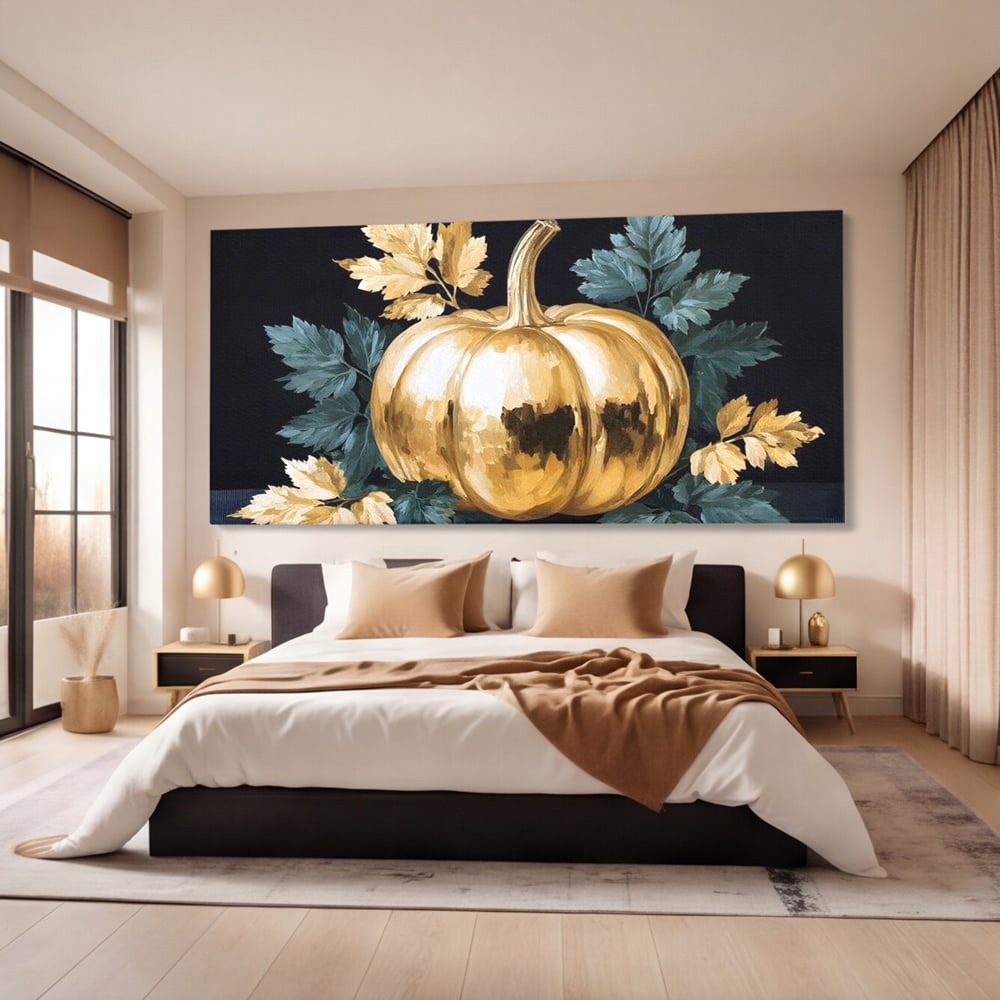 Tablou canvas cu tablou cu dovleac auriu si frunze, fara rama, pe sasiu de lemn, pe perete intr-un dormitor