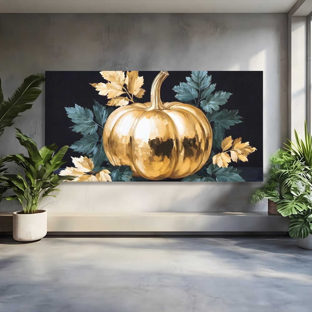 Tablou canvas cu tablou cu dovleac auriu si frunze, fara rama, pe sasiu de lemn