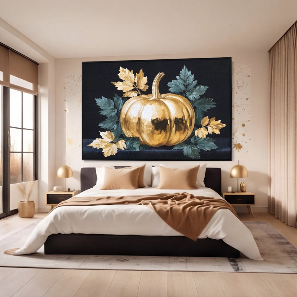 Tablou canvas cu tablou cu dovleac auriu si frunze, in rama de aluminiu negru, pe perete intr-un dormitor