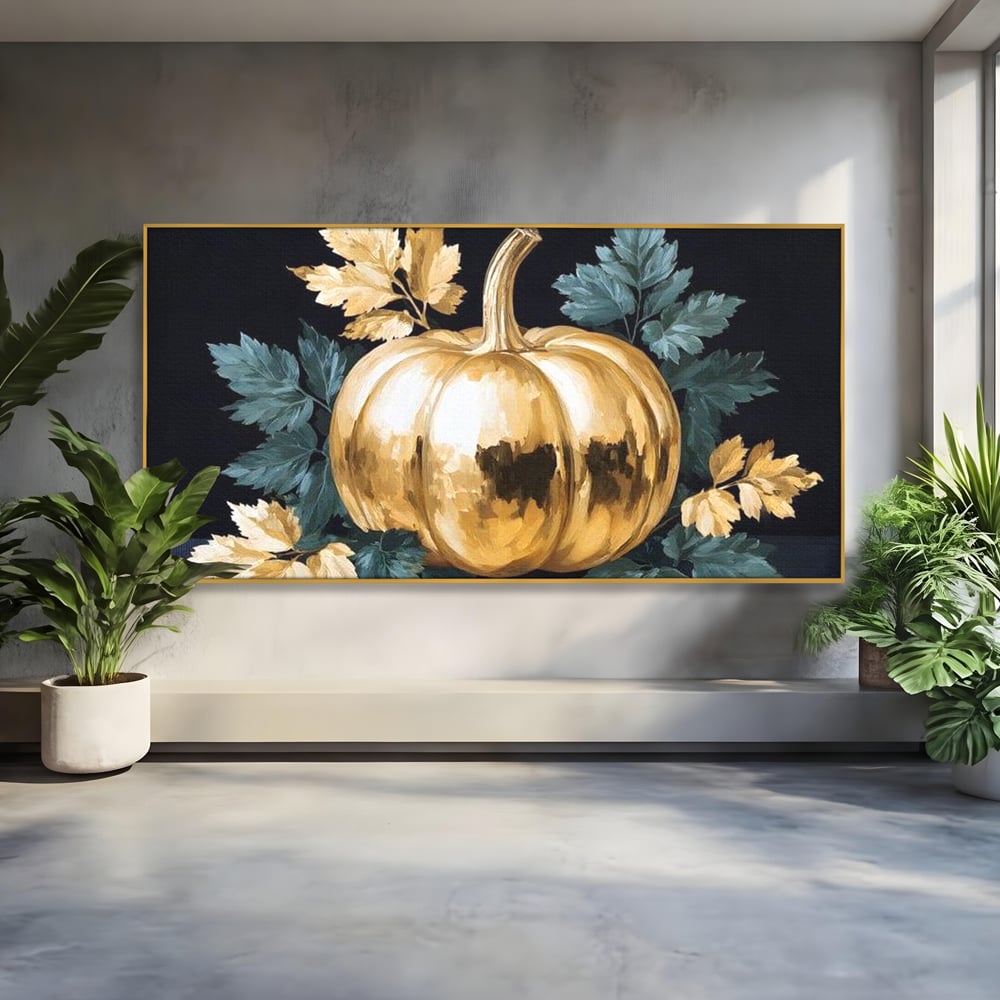 Tablou canvas cu tablou cu dovleac auriu si frunze, in rama de aluminiu auriu