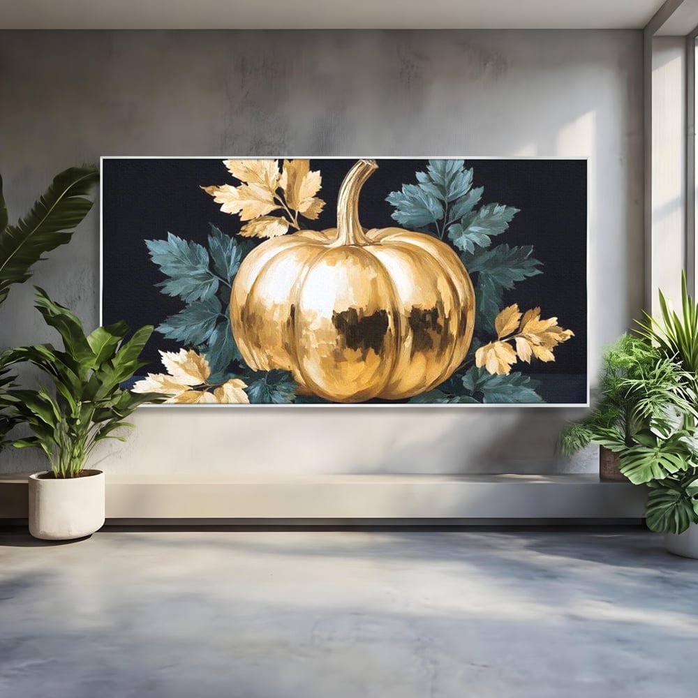 Tablou canvas cu tablou cu dovleac auriu si frunze, in rama de aluminiu argintiu