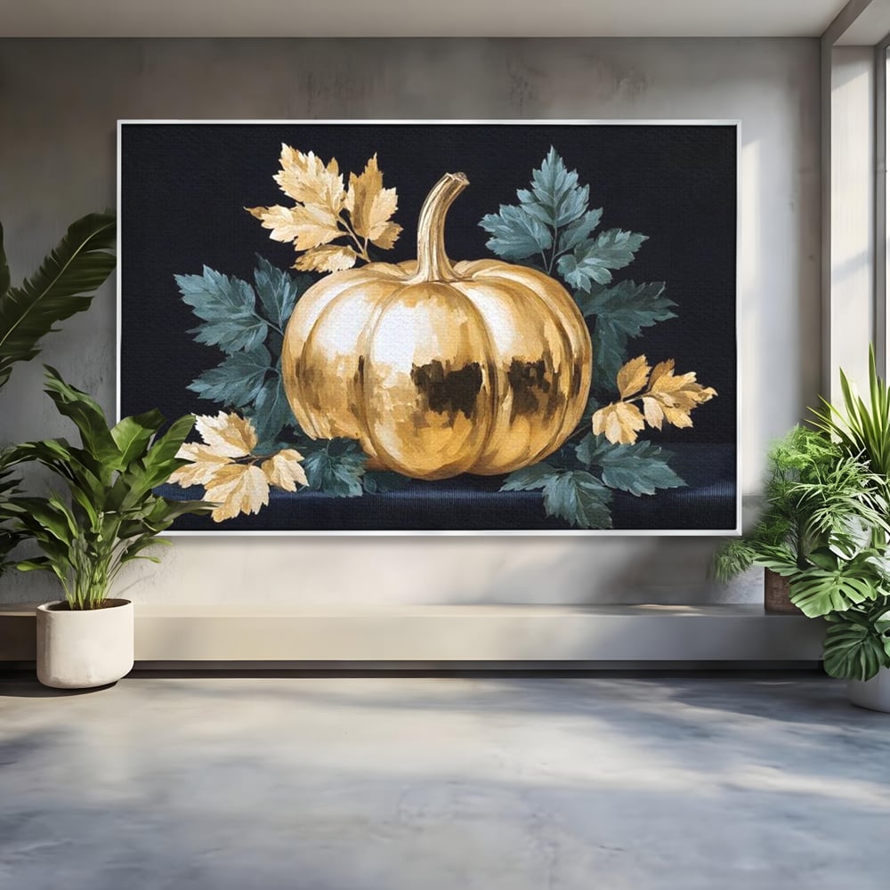 Tablou canvas cu tablou cu dovleac auriu si frunze, in rama de aluminiu argintiu