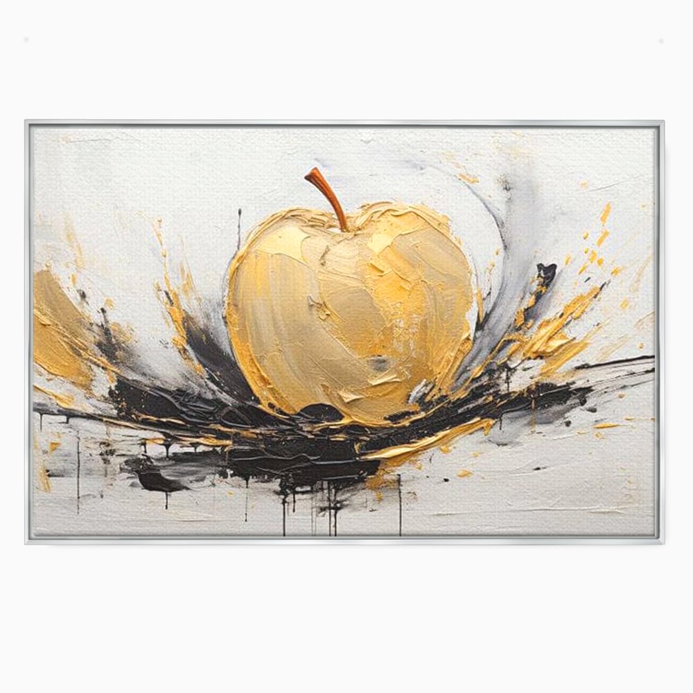 Tablou canvas cu pictura abstracta cu un mar auriu, in rama de aluminiu argintiu