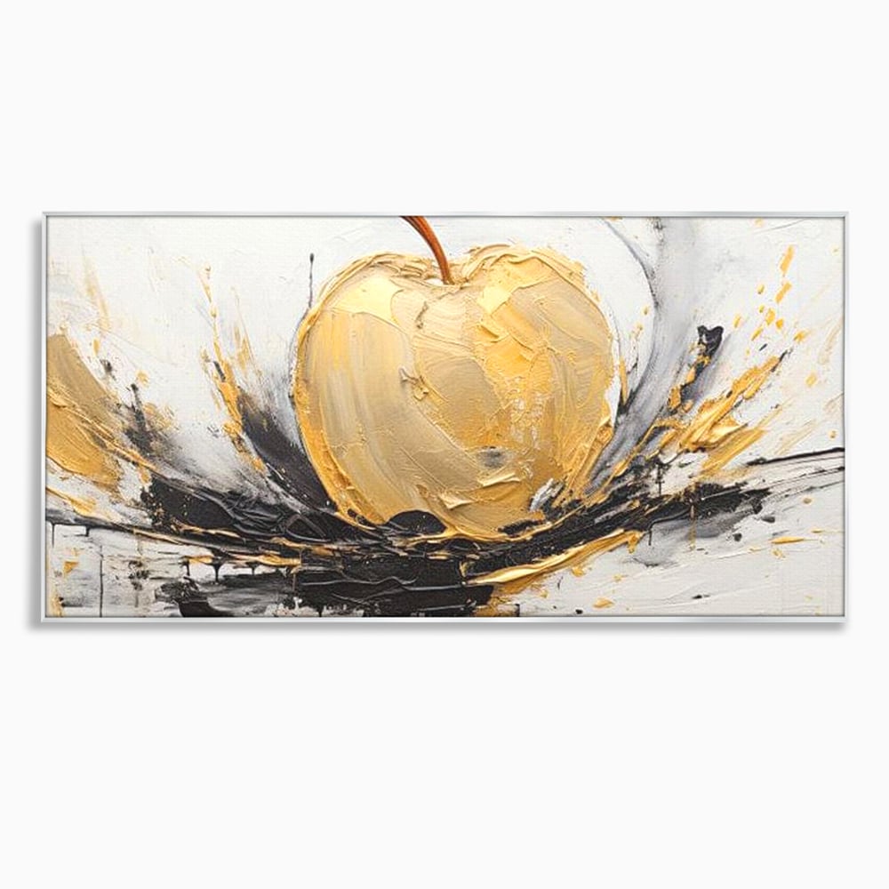 Tablou canvas cu pictura abstracta cu un mar auriu, in rama de aluminiu argintiu