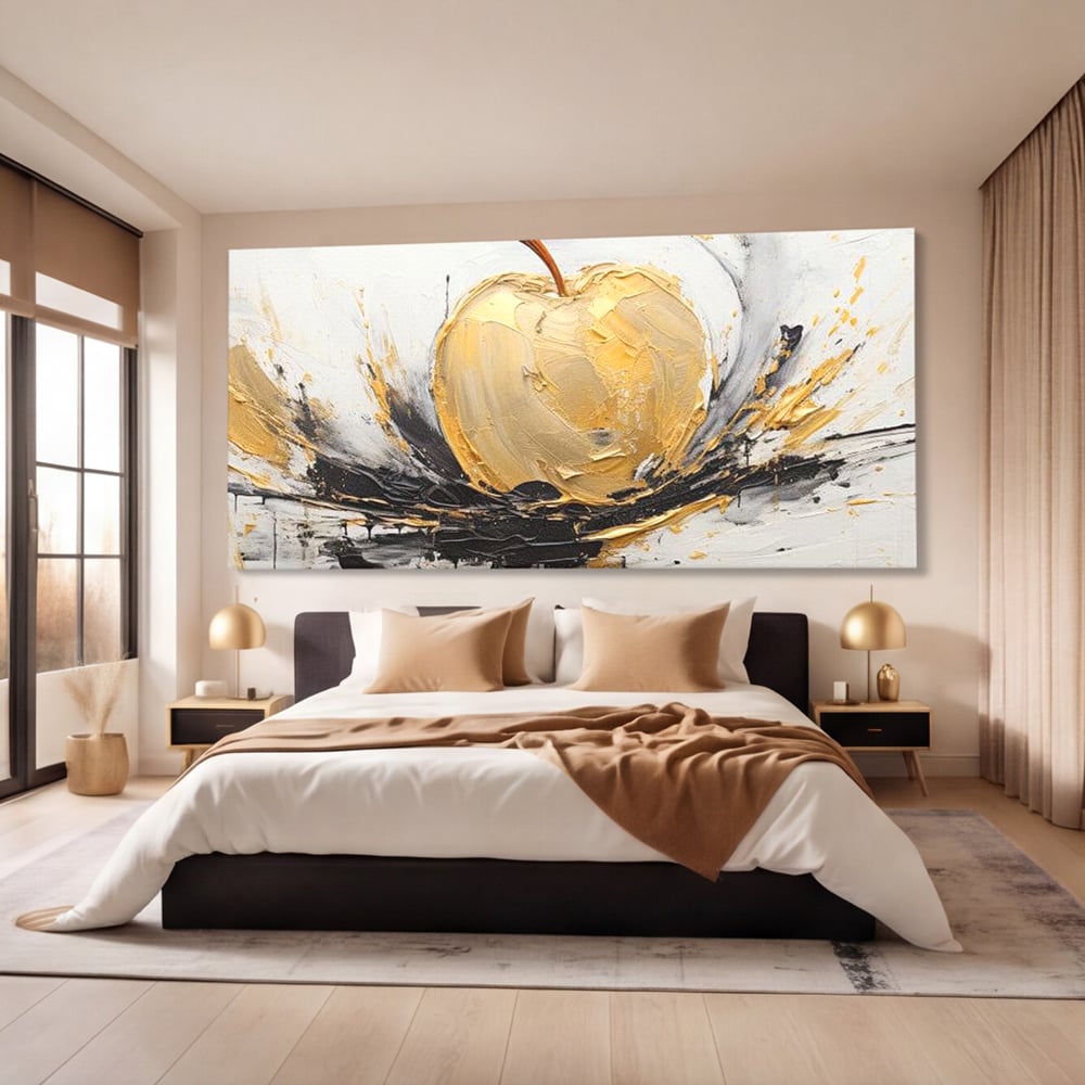 Tablou canvas cu pictura abstracta cu un mar auriu, fara rama, pe sasiu de lemn, pe perete intr-un dormitor