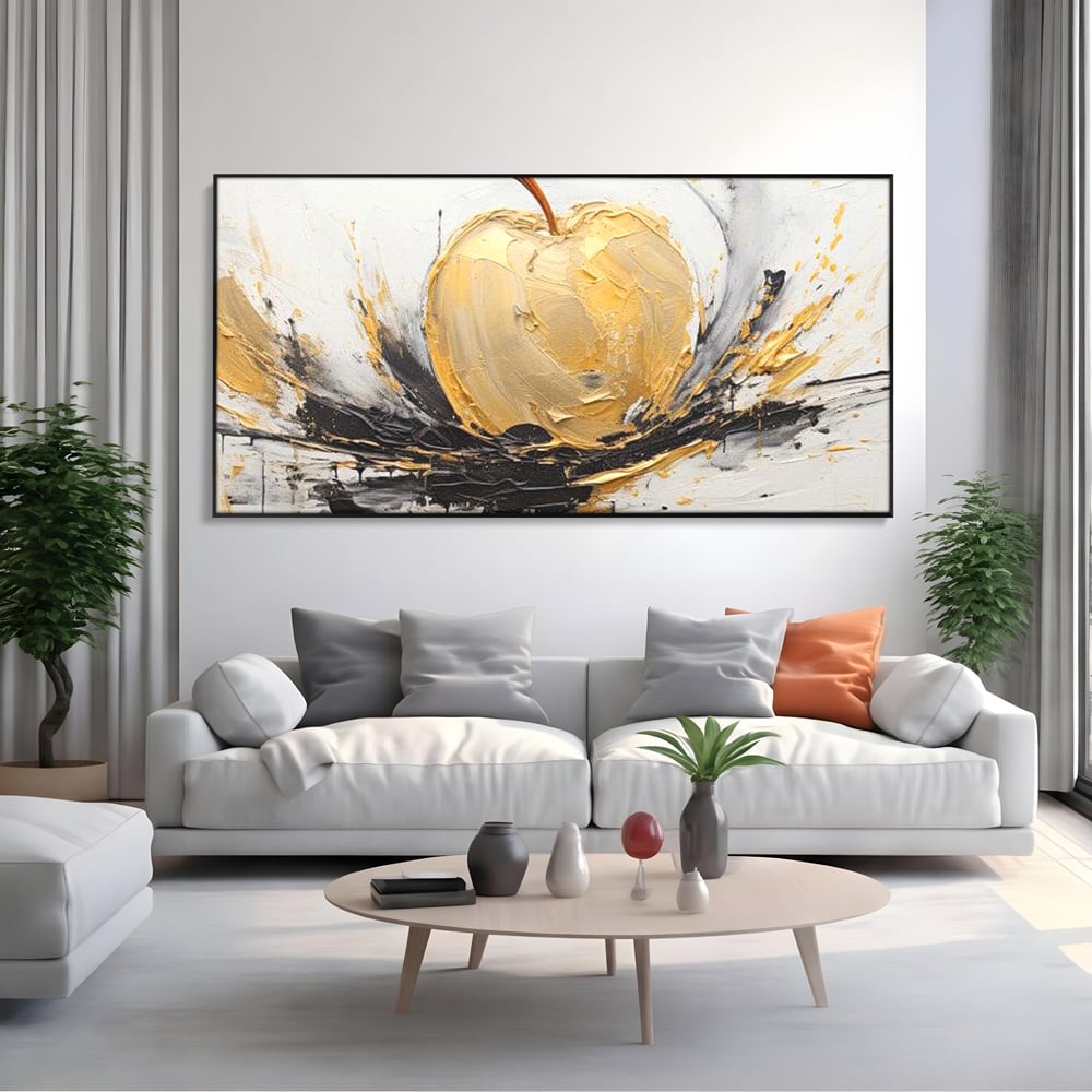 Tablou canvas cu pictura abstracta cu un mar auriu, in rama de aluminiu negru, pe perete intr-un living