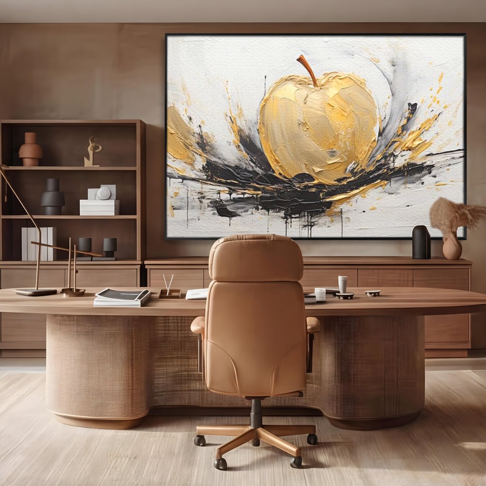 Tablou canvas cu pictura abstracta cu un mar auriu, in rama de aluminiu negru, pe perete intr-un birou