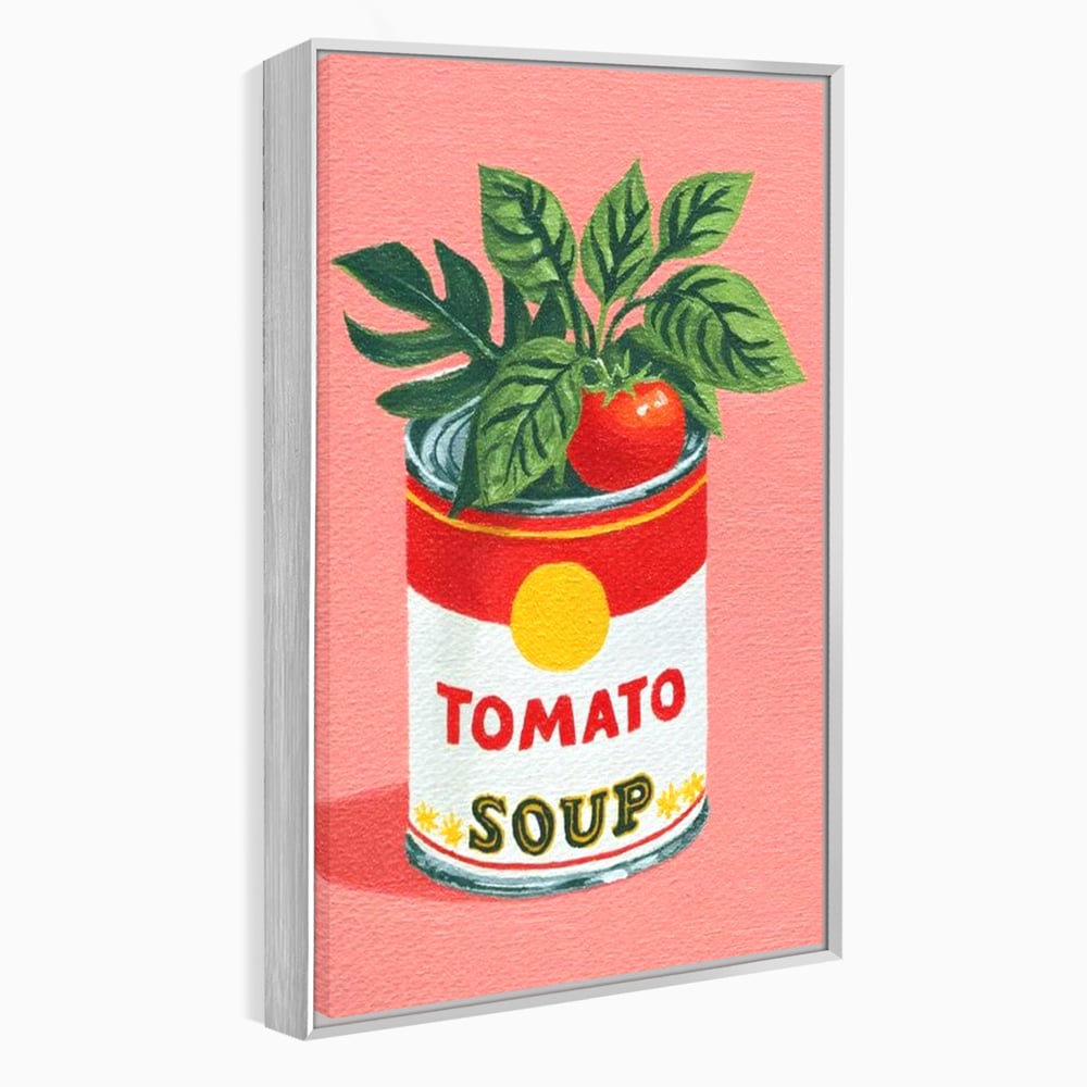 Tablou canvas cu pictura cu conserva de supa si rosie, in rama de aluminiu argintiu