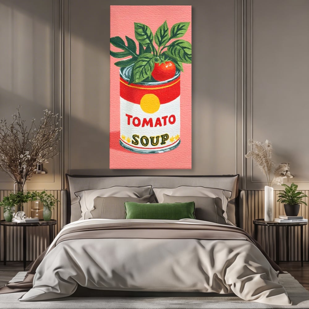 Tablou canvas cu pictura cu conserva de supa si rosie, fara rama, pe sasiu de lemn, pe perete intr-un dormitor