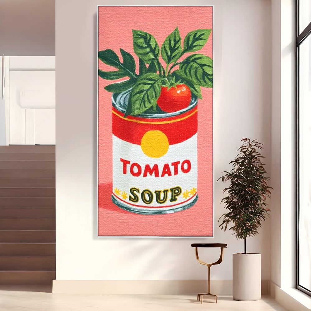 Tablou canvas cu pictura cu conserva de supa si rosie, in rama de aluminiu argintiu