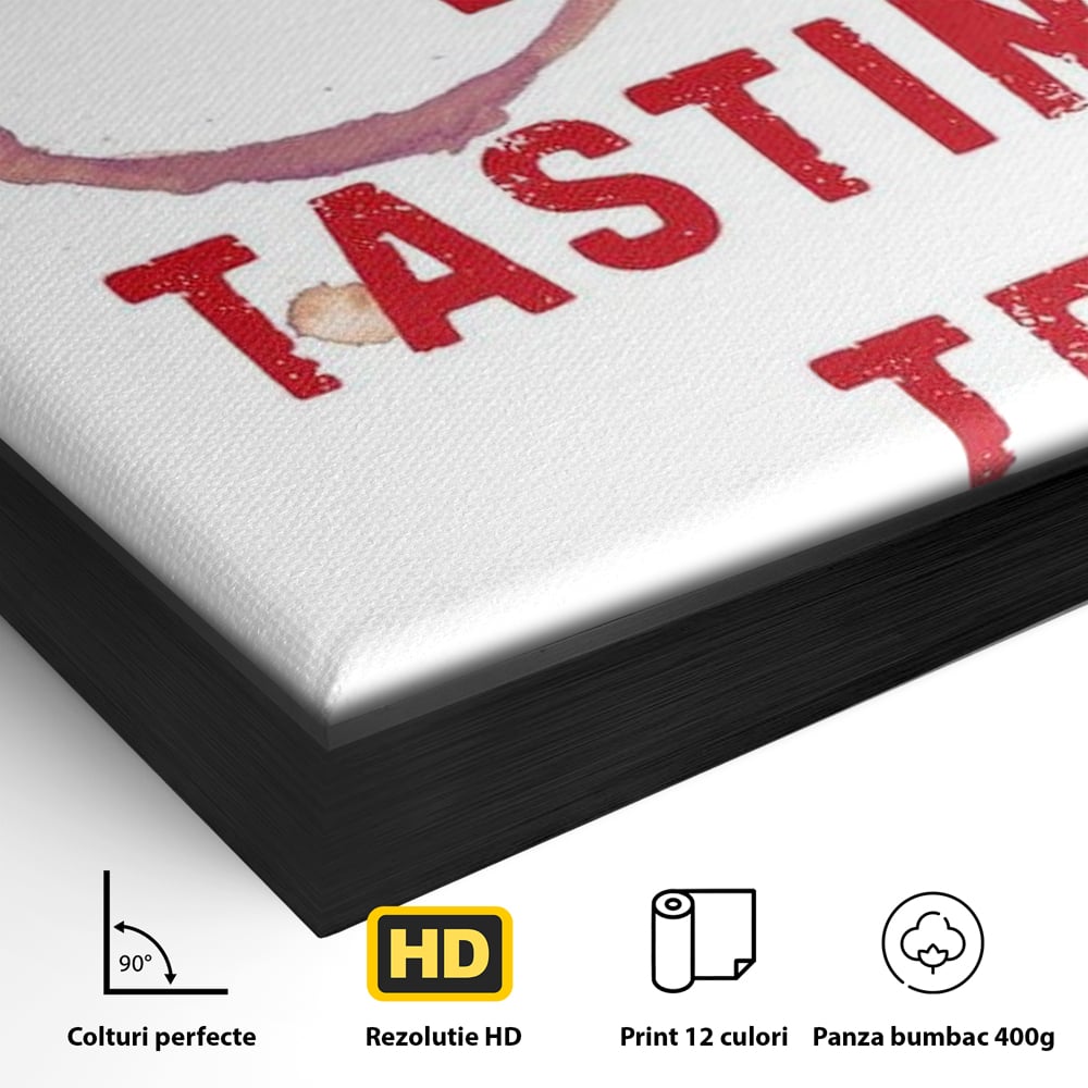Detaliu al suprafetei: tablou canvas cu pete de vin si text rosu, in rama de aluminiu negru