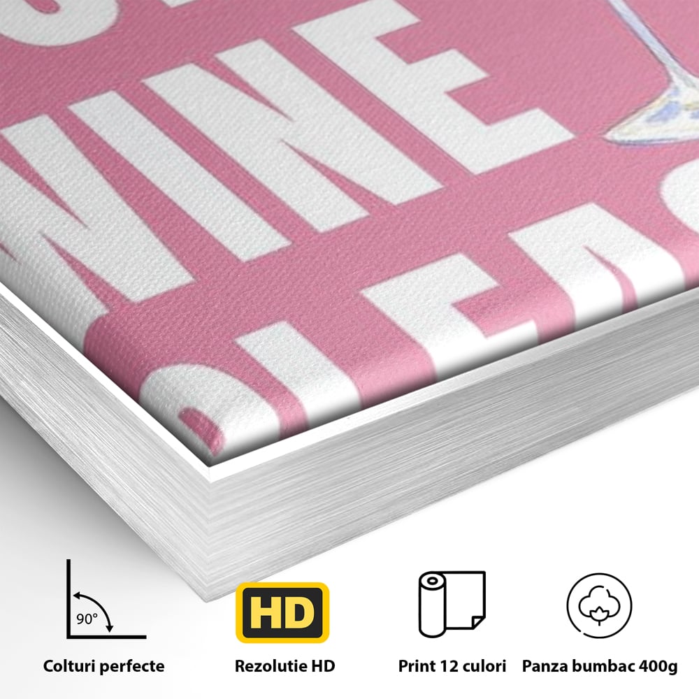 Detaliu al suprafetei: tablou canvas cu text si pahar de vin roz, in rama de aluminiu argintiu
