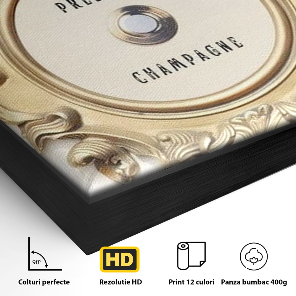 Detaliu al suprafetei: tablou canvas cu buton auriu, in rama de aluminiu negru