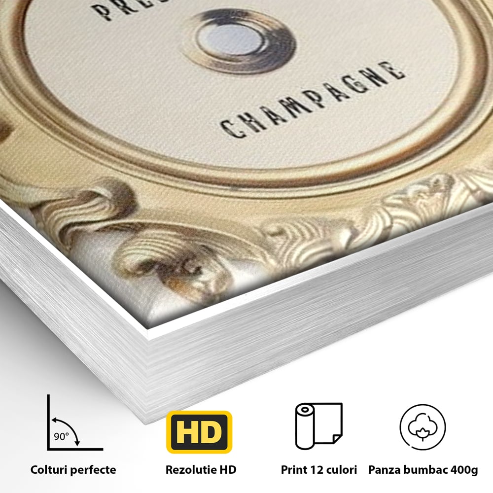 Detaliu al suprafetei: tablou canvas cu buton auriu, in rama de aluminiu argintiu