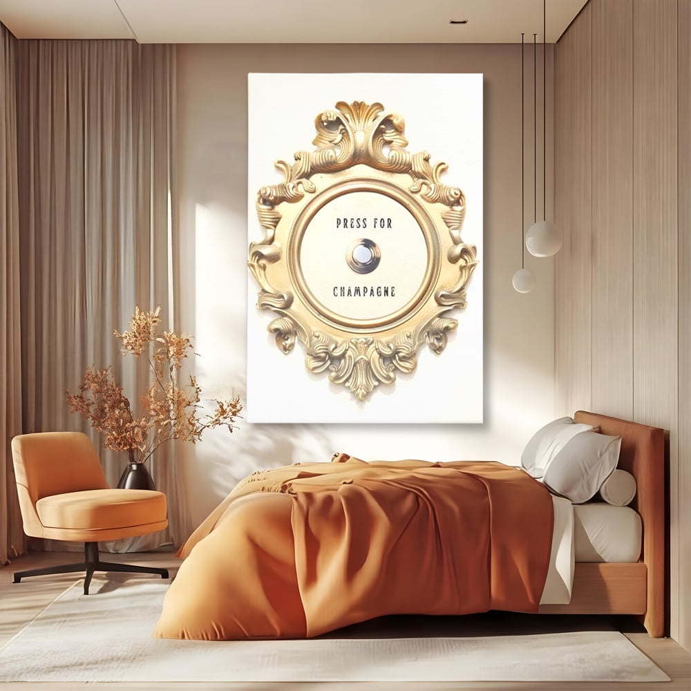 Tablou canvas cu tablou canvas cu buton auriu, fara rama, pe sasiu de lemn, pe perete intr-un dormitor
