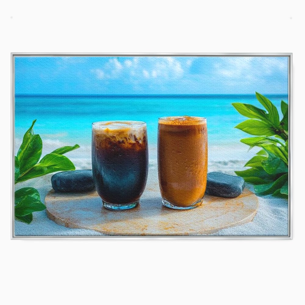 Tablou canvas cu doua pahare cu cafea pe plaja, in rama de aluminiu argintiu