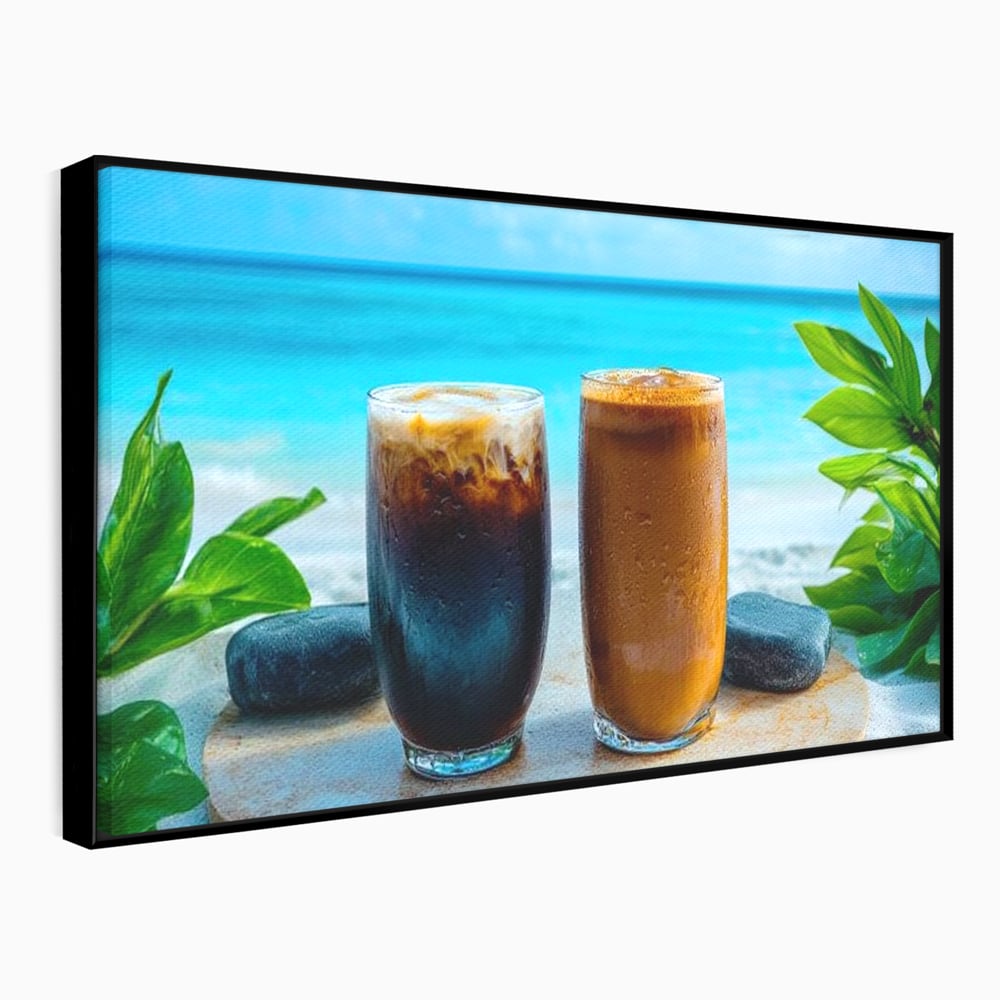 Tablou canvas cu doua pahare cu cafea pe plaja, in rama de aluminiu negru