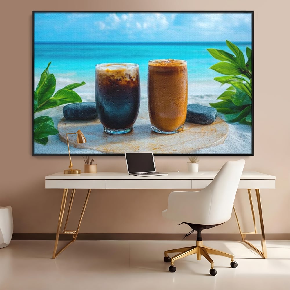 Tablou canvas cu doua pahare cu cafea pe plaja, in rama de aluminiu negru, pe perete intr-un birou