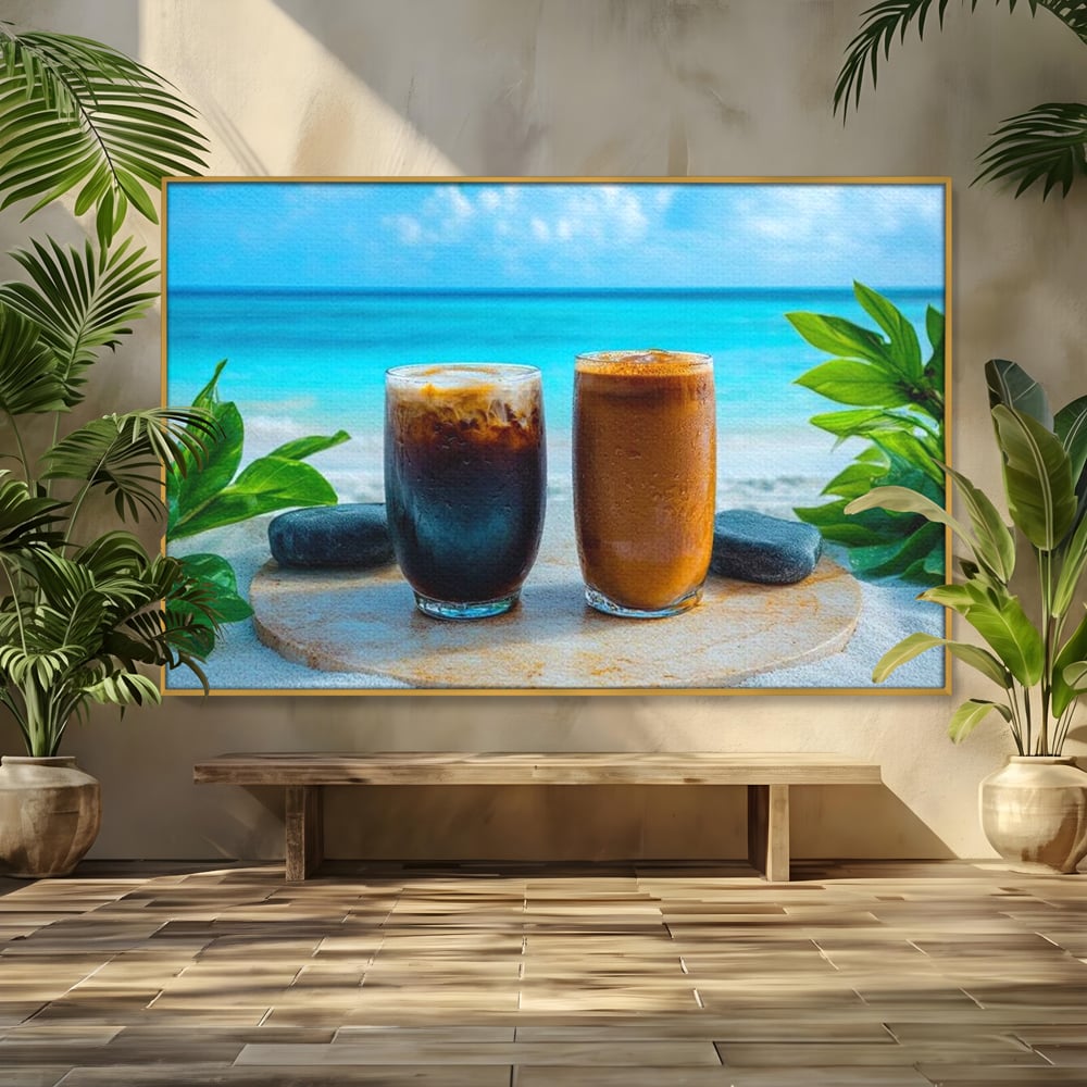 Tablou canvas cu doua pahare cu cafea pe plaja, in rama de aluminiu auriu