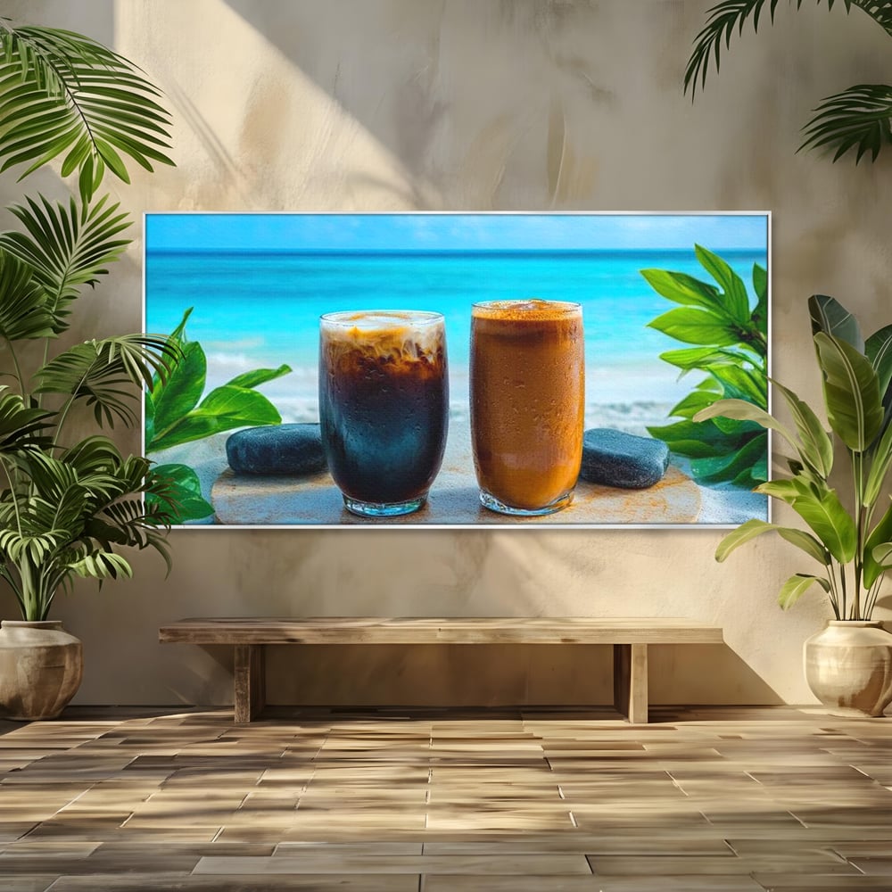 Tablou canvas cu doua pahare cu cafea pe plaja, in rama de aluminiu argintiu