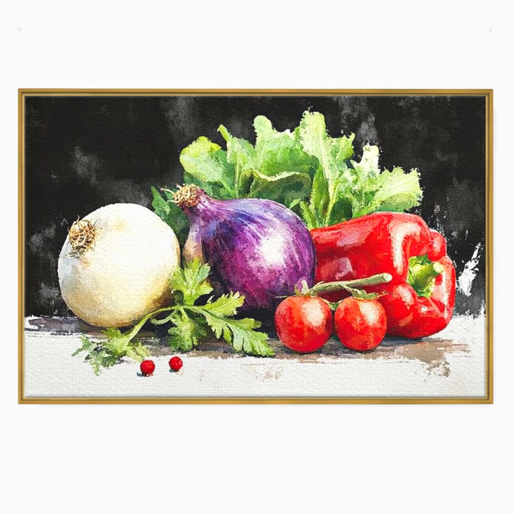 Tablou canvas cu pictura cu legume proaspete si verdeturi, in rama de aluminiu auriu