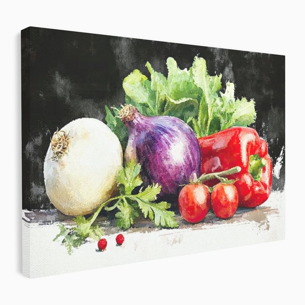 Tablou canvas cu pictura cu legume proaspete si verdeturi, fara rama, pe sasiu de lemn