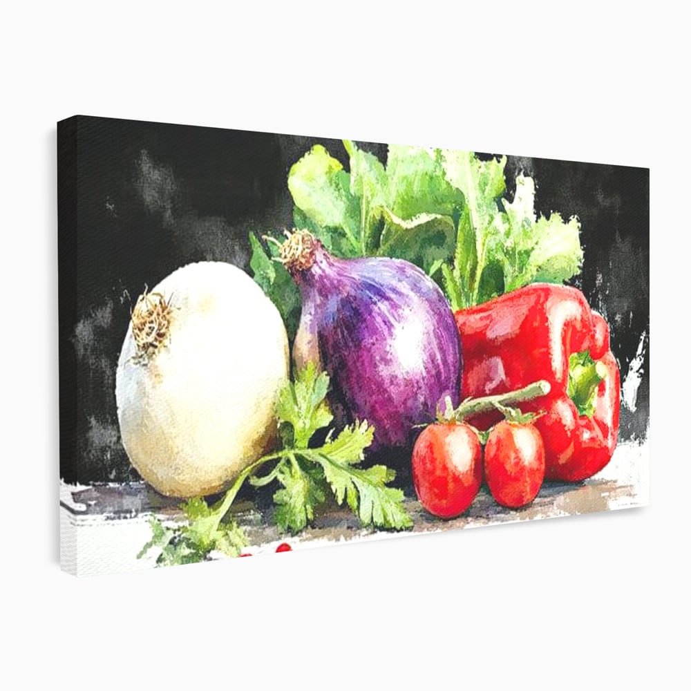 Tablou canvas cu pictura cu legume proaspete si verdeturi, fara rama, pe sasiu de lemn