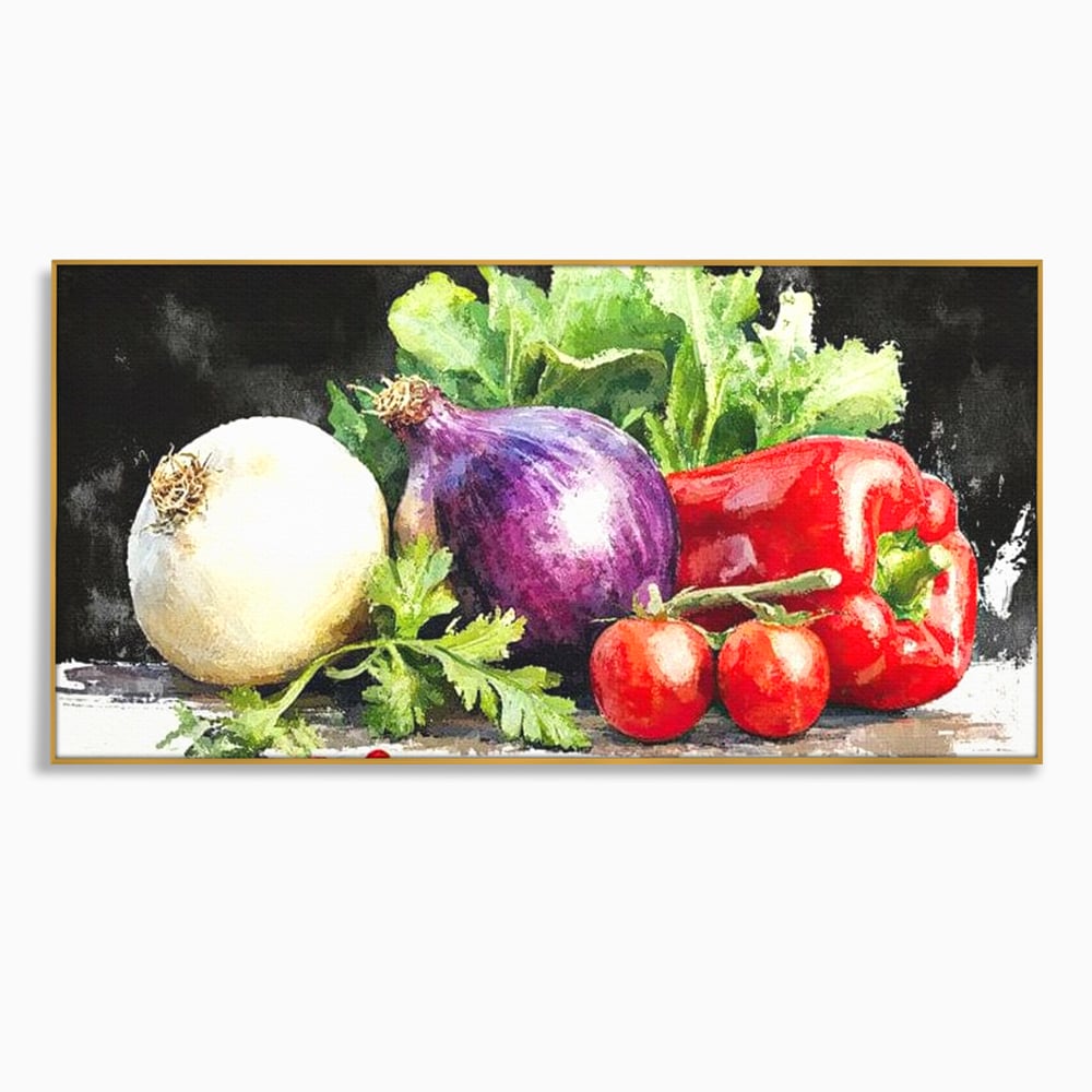 Tablou canvas cu pictura cu legume proaspete si verdeturi, in rama de aluminiu auriu