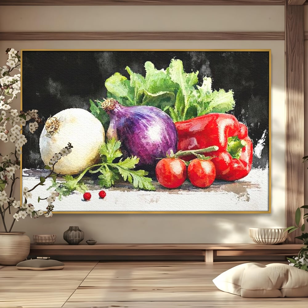 Tablou canvas cu pictura cu legume proaspete si verdeturi, in rama de aluminiu auriu