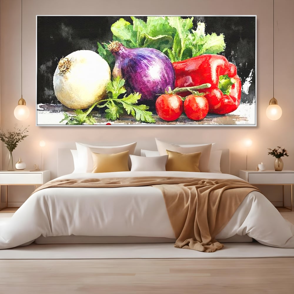 Tablou canvas cu pictura cu legume proaspete si verdeturi, in rama de aluminiu argintiu, pe perete intr-un dormitor