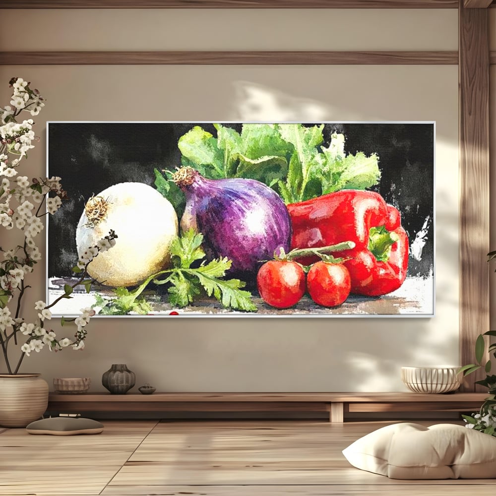 Tablou canvas cu pictura cu legume proaspete si verdeturi, in rama de aluminiu argintiu