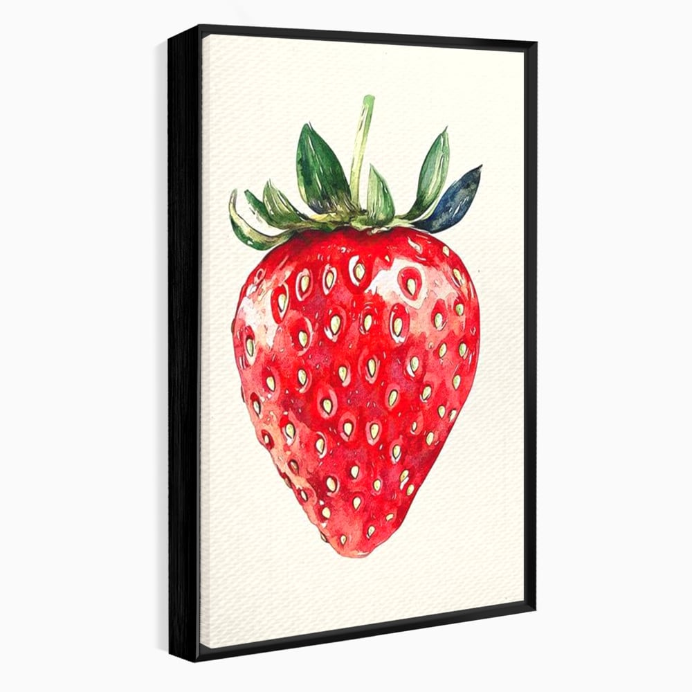 Tablou canvas cu pictura cu o capsuna rosie, in rama de aluminiu negru