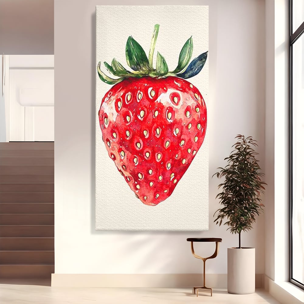 Tablou canvas cu pictura cu o capsuna rosie, fara rama, pe sasiu de lemn