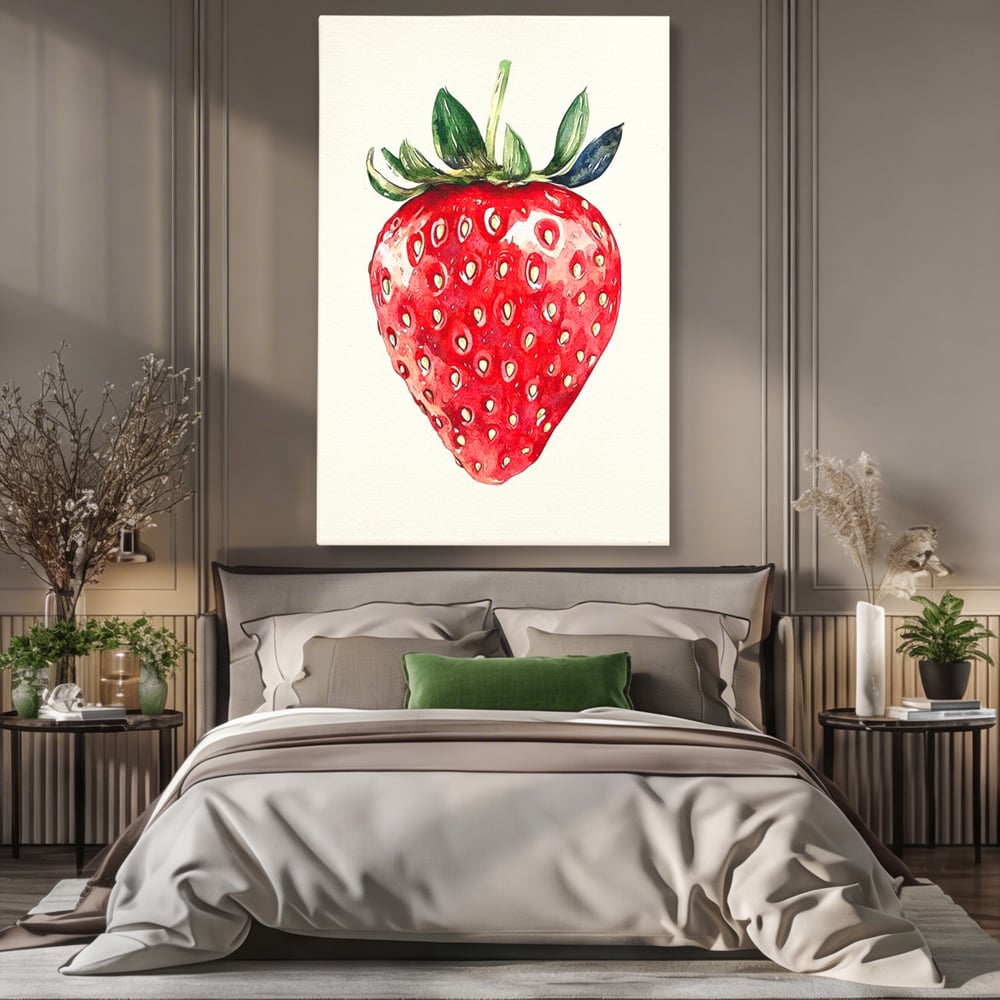 Tablou canvas cu pictura cu o capsuna rosie, fara rama, pe sasiu de lemn, pe perete intr-un dormitor
