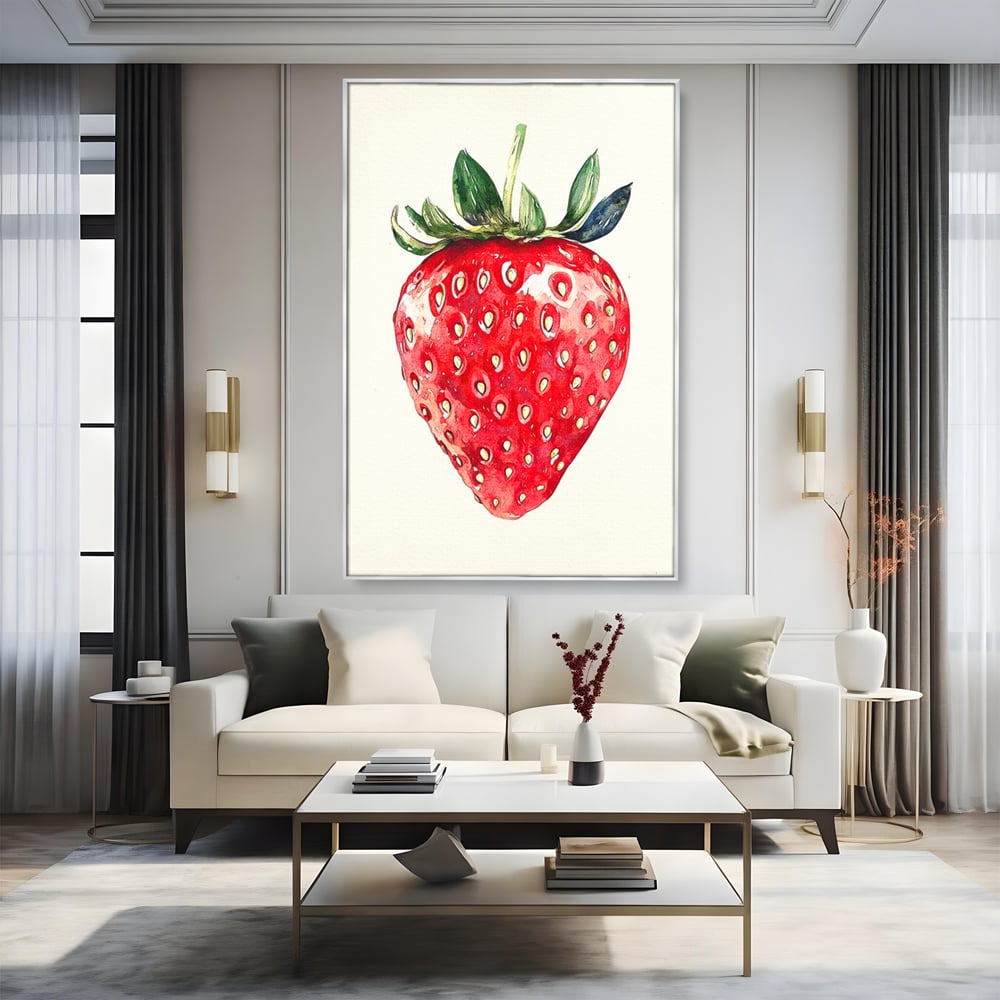 Tablou canvas cu pictura cu o capsuna rosie, in rama de aluminiu argintiu, pe perete intr-un living