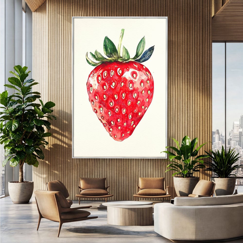 Tablou canvas cu pictura cu o capsuna rosie, in rama de aluminiu argintiu, pe perete intr-un birou