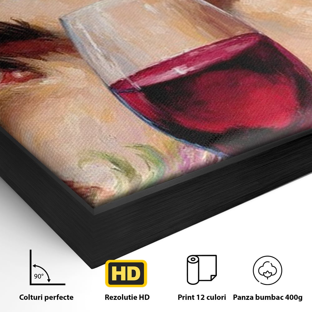 Detaliu al suprafetei: tablou canvas cu ochi albastri si pahar de vin, in rama de aluminiu negru