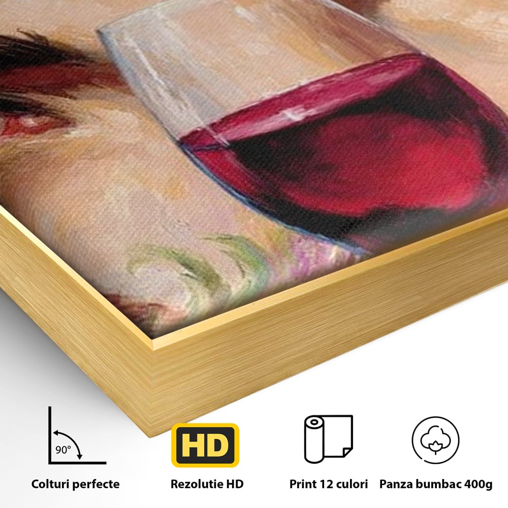 Detaliu al suprafetei: tablou canvas cu ochi albastri si pahar de vin, in rama de aluminiu auriu