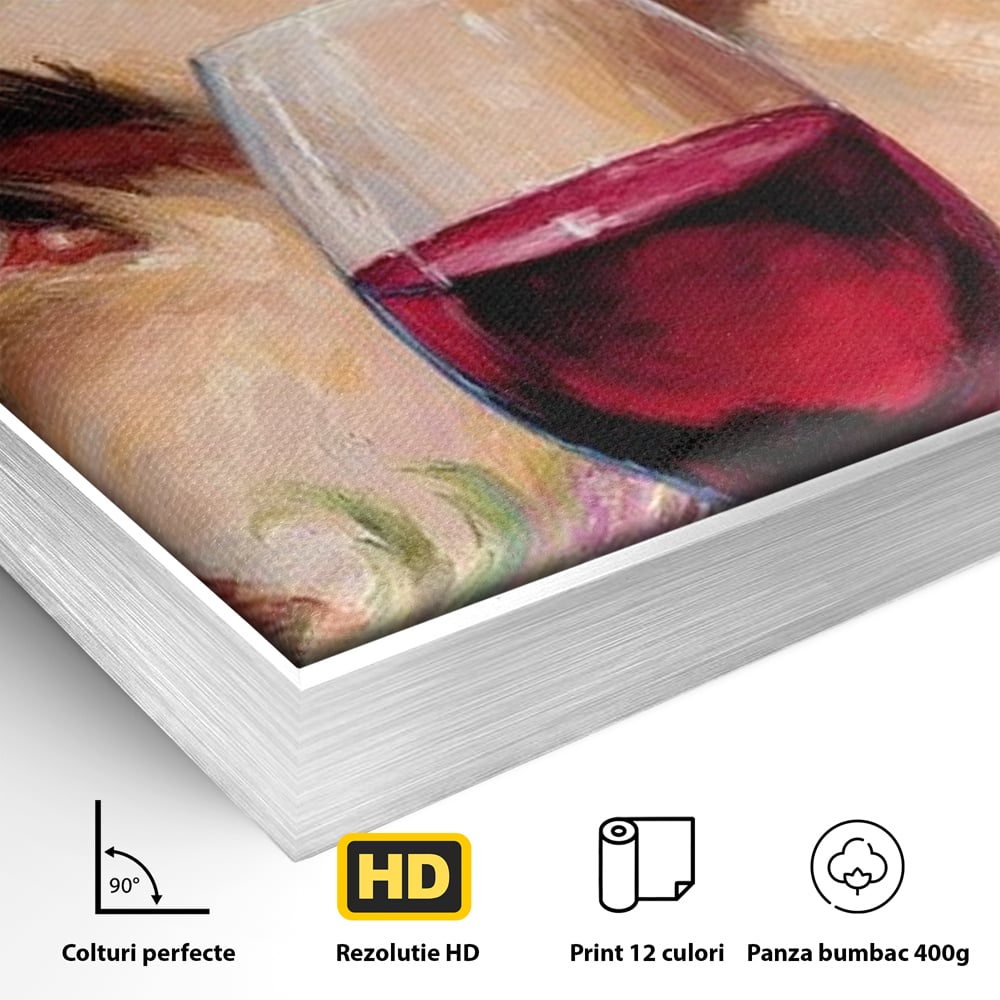 Detaliu al suprafetei: tablou canvas cu ochi albastri si pahar de vin, in rama de aluminiu argintiu