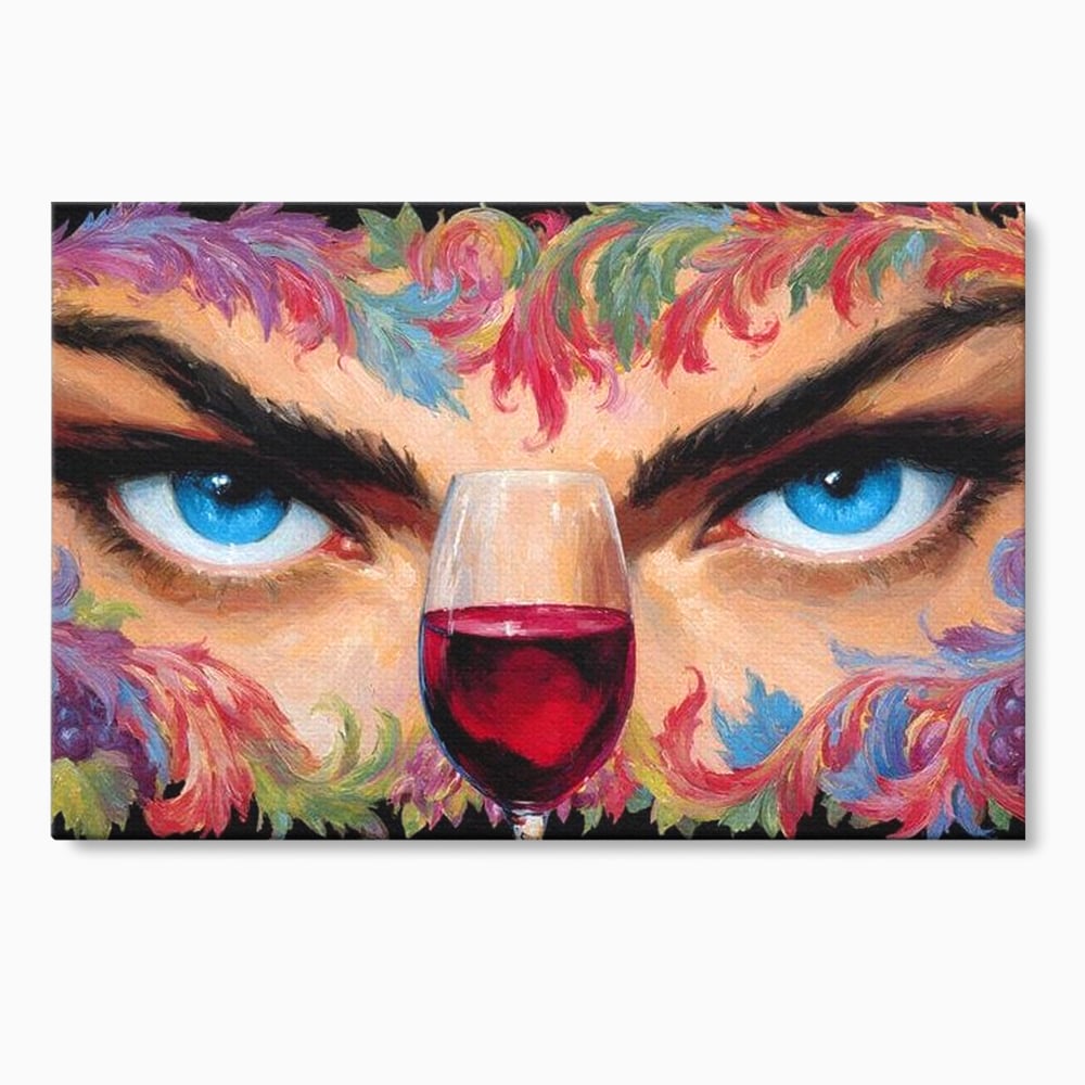 Tablou canvas cu tablou canvas cu ochi albastri si pahar de vin, fara rama, pe sasiu de lemn