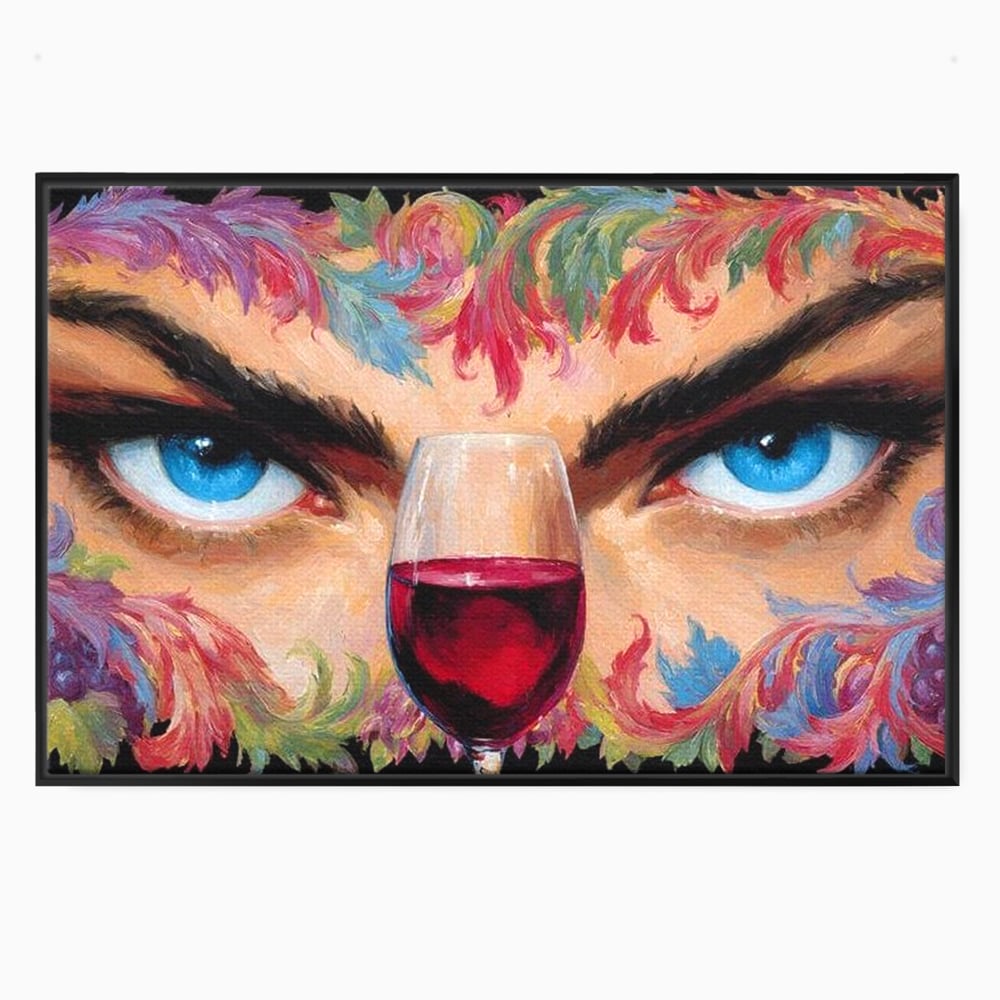 Tablou canvas cu tablou canvas cu ochi albastri si pahar de vin, in rama de aluminiu negru