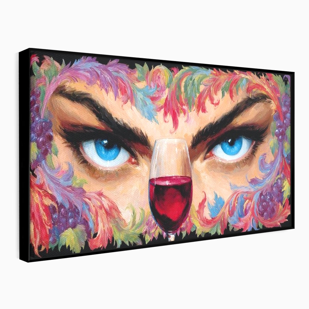 Tablou canvas cu tablou canvas cu ochi albastri si pahar de vin, in rama de aluminiu negru