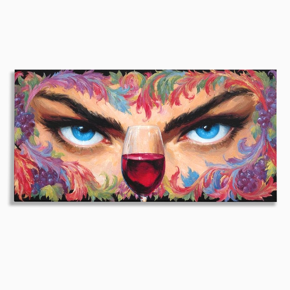 Tablou canvas cu tablou canvas cu ochi albastri si pahar de vin, fara rama, pe sasiu de lemn