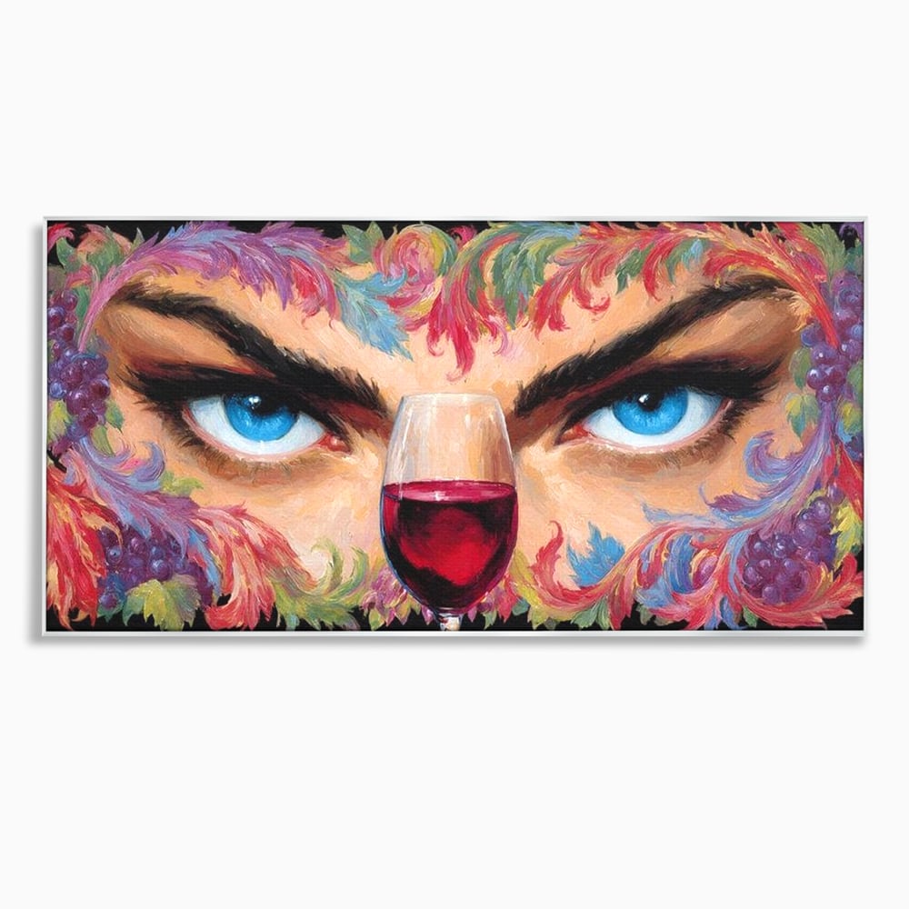 Tablou canvas cu tablou canvas cu ochi albastri si pahar de vin, in rama de aluminiu argintiu