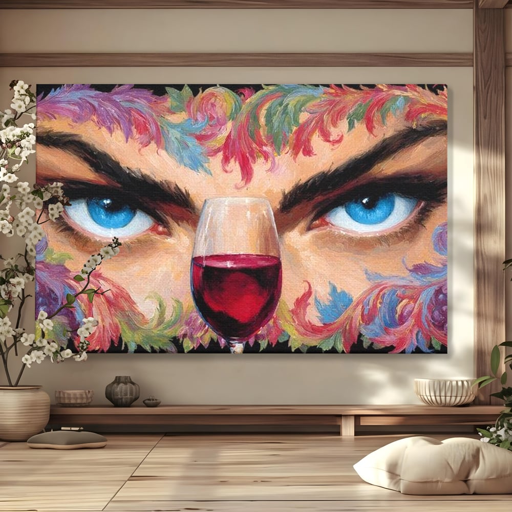 Tablou canvas cu tablou canvas cu ochi albastri si pahar de vin, fara rama, pe sasiu de lemn