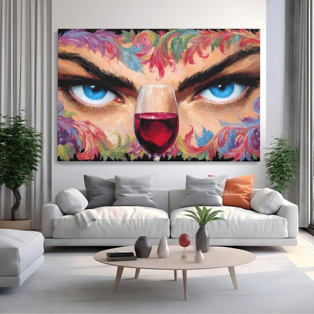 Tablou canvas cu tablou canvas cu ochi albastri si pahar de vin, fara rama, pe sasiu de lemn, pe perete intr-un living