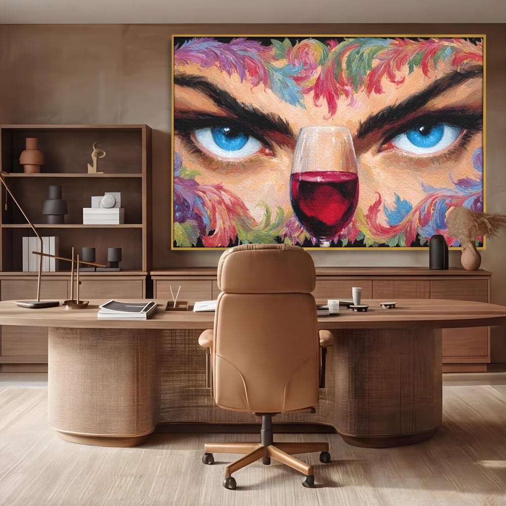 Tablou canvas cu tablou canvas cu ochi albastri si pahar de vin, in rama de aluminiu auriu, pe perete intr-un birou