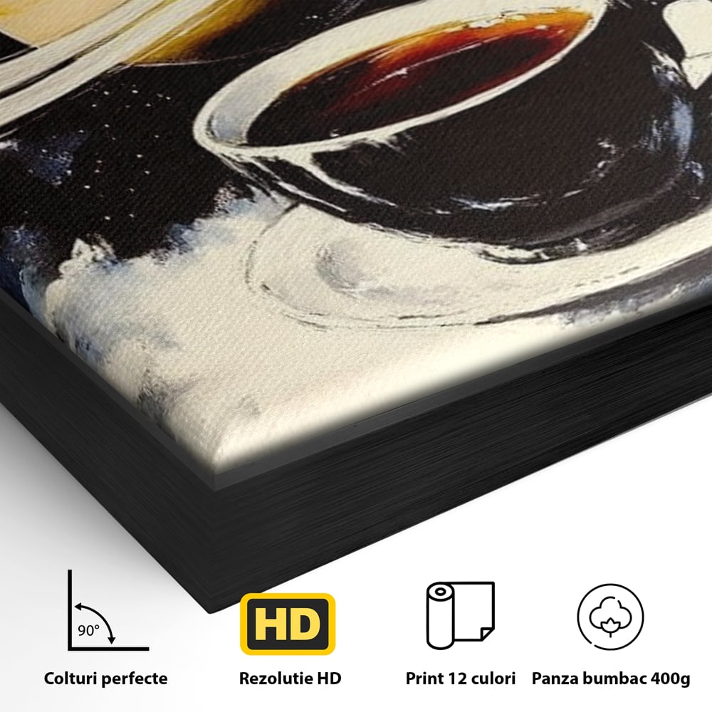 Detaliu al suprafetei: tablou canvas cu ceasca si planeta saturn, in rama de aluminiu negru